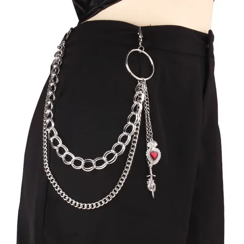 Catena da Pantaloni in Lega Multistrato Hip Hop Placcato Argento Ciondolo Cuore Rosso Spada Punk Gotico Gioielli da Vita Uomo Donna