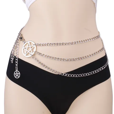 Vintage Layered Metal Waist Chain Hollow Pentagram Body Chain For Women Punk Silver Tassel Waist Belt Fashion Jewelry