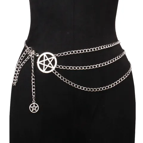 Vintage Layered Metal Waist Chain Hollow Pentagram Body Chain For Women Punk Silver Tassel Waist Belt Fashion Jewelry