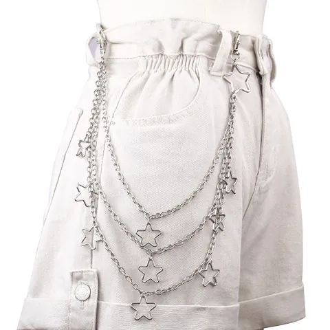 Catena da Vita in Metallo Multistrato Punk Hip Hop Con Ciondoli a Stella Svuotata Catena per Pantaloni in Ferro Argento Streetwear