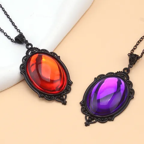 Gothic Vintage Oval Crystal Pendant Necklace Black Filigree Frame Halloween Jewelry For Unisex Punk Style Necklace