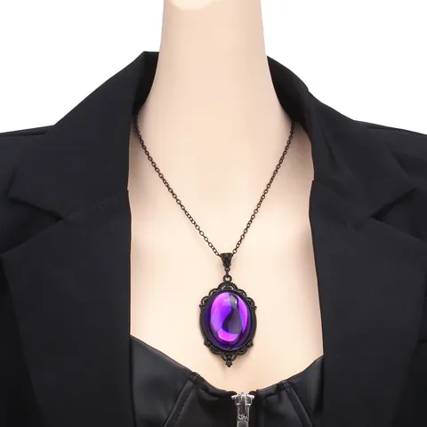 Gothic Vintage Oval Crystal Pendant Necklace Black Filigree Frame Halloween Jewelry For Unisex Punk Style Necklace
