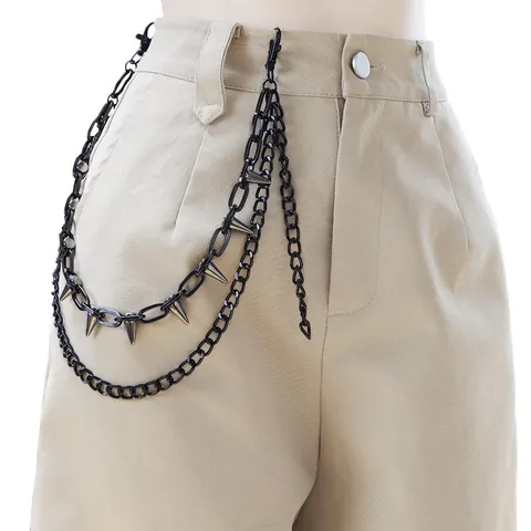 Catena da Vita in Metallo Nero Multistrato Punk Gothic Con Punte Rivetti Hip Hop Streetwear Catena per Pantaloni Gioielli