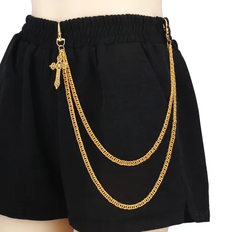 Layered Gold Color Pant Chain With Carved Cross Pendant Hip Hop Punk Waist Chain For Men Women Streetwear Accessory