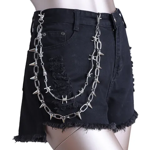 Punk Stacheldraht Spiked Doppellagig Metall Hosenkette Unisex Hip Hop Streetwear Gothic Taillenkette Zubehör Silber Farbe