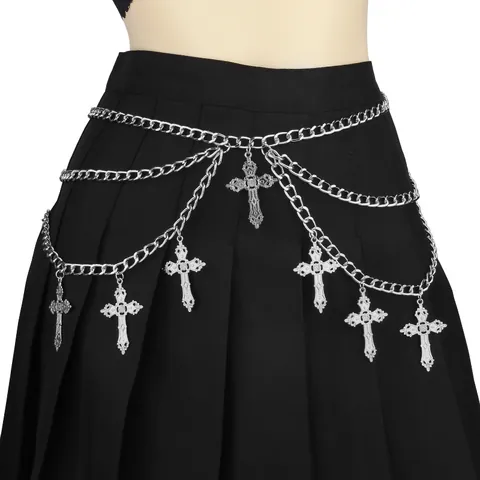 Gothic Multi Layer Cross Pendant Waist Chain Alloy Metal Dark Body Jewelry For Women Halloween Punk Hip Hop Adjustable Belly Chain