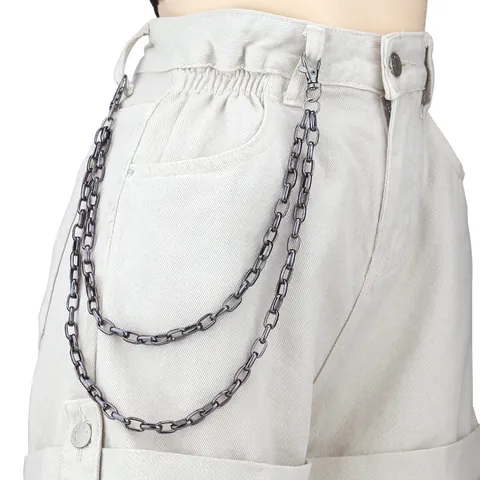 Punk Hip Hop Gunblack Metal Trousers Chain For Men Women Double Layer Wallet Chain With Spikes Ring Round Charm Fashion Streetwear Jewelry