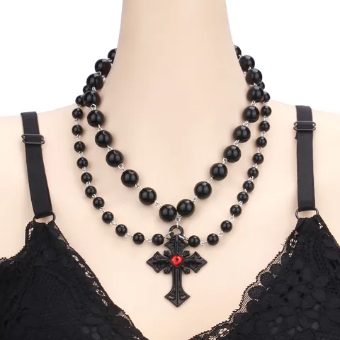 Collana a Doppio Strato con Perline Nere Gotica Con Grande Pendente a Croce di Strass per Uomo Donna Gioielli Punk Halloween