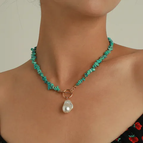 Bohemian Gold Alloy Natural Stone Chip Necklace With Baroque Artificial Pearl Pendant OT Clasp Fashion Jewelry For Women