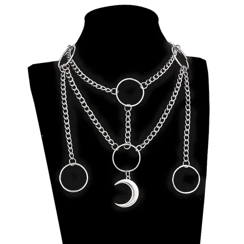 Gothic Multi Layer Crescent Moon Star Spider Web Pendant Necklace For Women Punk Harajuku Silver Black Alloy Choker Jewelry
