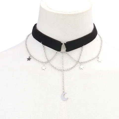 Gothic Punk Multilayer Moon Star Spider Web Necklace For Women Vintage Alloy Velvet Choker Halloween Party Neck Jewelry Gift