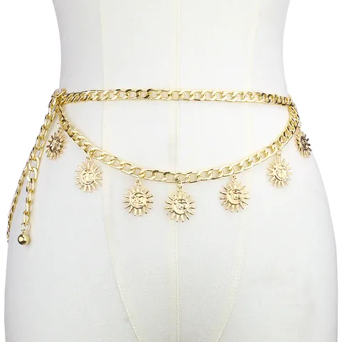 Women Vintage Bohemian Sun Pendant Double Layer Waist Chain Metal Alloy Link Belly Chain Hip Hop Streetwear Accessory Jewelry Belt
