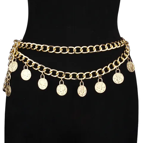 Vintage Metall Doppellagige Taillenkette Mit Königinnenkopf Münzanhängern Quaste Für Damen Gold Silber Mode Körperkette Schmuck