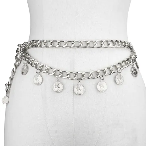Vintage Metall Doppellagige Taillenkette Mit Königinnenkopf Münzanhängern Quaste Für Damen Gold Silber Mode Körperkette Schmuck