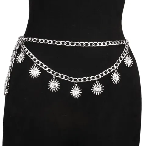 Women Vintage Bohemian Sun Pendant Double Layer Waist Chain Metal Alloy Link Belly Chain Hip Hop Streetwear Accessory Jewelry Belt
