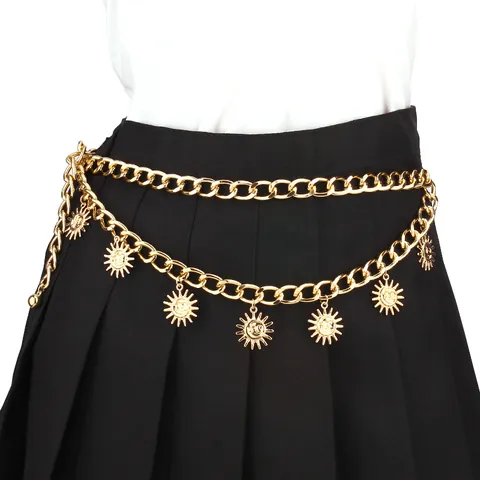 Dames Vintage Metalen Gelaagde Tailleketting Riem Met Zon Smiley Gezicht Hangers Hip Hop Decoratieve Lichaamssieraden Voor Feest