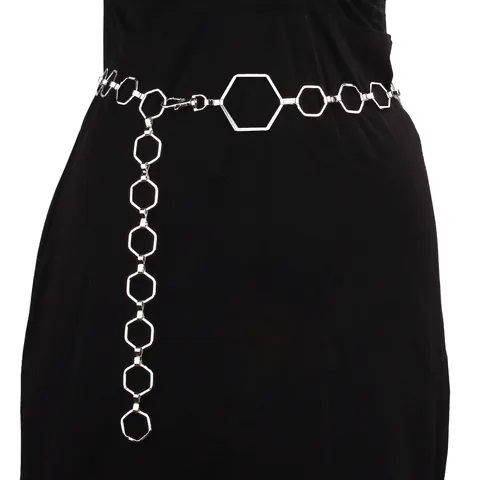 Damen Sechseck Geometrische Metall Taillenkette Gürtel Mode Hip Hop Gold Silber Kleid Dekorative Gliederkette Verstellbar