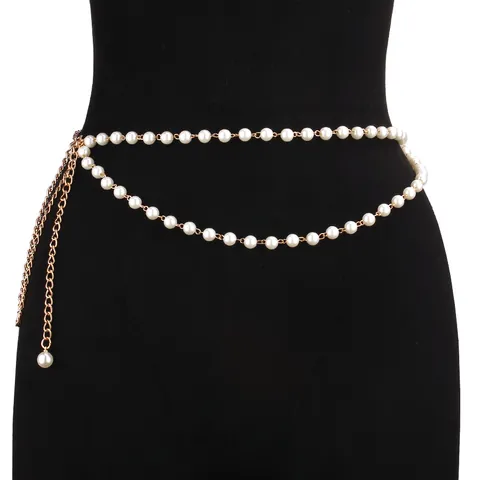 Elegant Multi-Layer Gold Metal Waist Chain With White Imitation Artificial Pearls Adjustable Body Chain For Women Fashion Dress Accessory