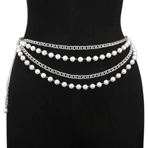 Vintage Multi-Layer Metal Chain Waist Belt Women Elegant Imitation Pearl Body Chain Adjustable Gold Silver Belly Chain Accessory