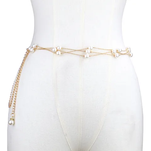 Elegant Multi-Layer Gold Metal Waist Chain With White Imitation Artificial Pearls Adjustable Body Chain For Women Fashion Dress Accessory
