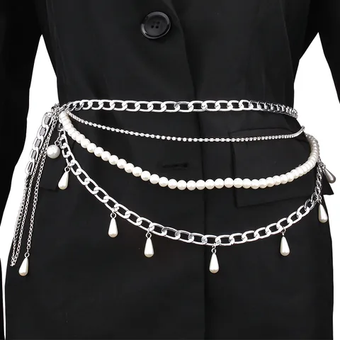 Women Fashion Multi Layer Pearl Waist Chain Adjustable Metal Chain Belt Rhinestone Body Jewelry Elegant Dress Accessories