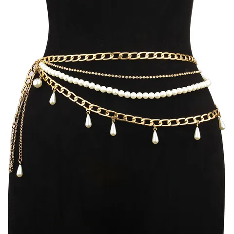 Women Fashion Multi Layer Pearl Waist Chain Adjustable Metal Chain Belt Rhinestone Body Jewelry Elegant Dress Accessories
