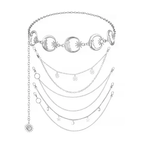 Vintage Gothic Moon Star Sun Waist Chain Hip Hop Punk Silver Alloy Multi Layer Body Chain Belt Jewelry For Women Streetwear