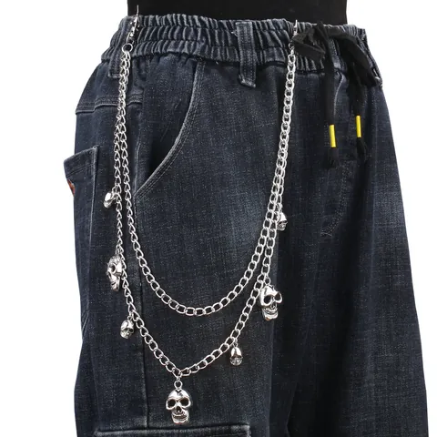 Catena per Pantaloni in Metallo Punk Gothic Teschio Doppio Strato Argento Lega Catena da Cintura per Jeans Uomo Donna