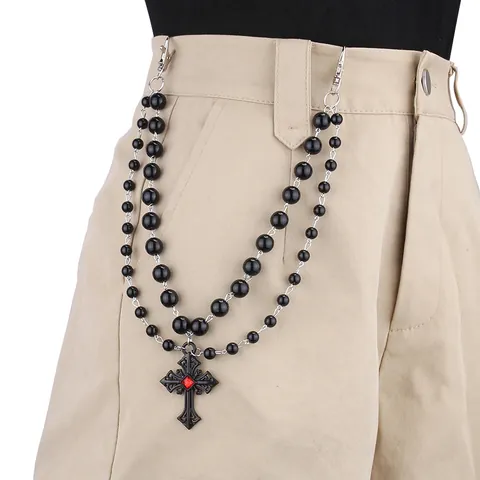 Gothic Dark Double Layered Black Bead Pant Chain Alloy Cross Pendant With Red Gem Punk Waist Chain Hip Hop Jewelry Accessory
