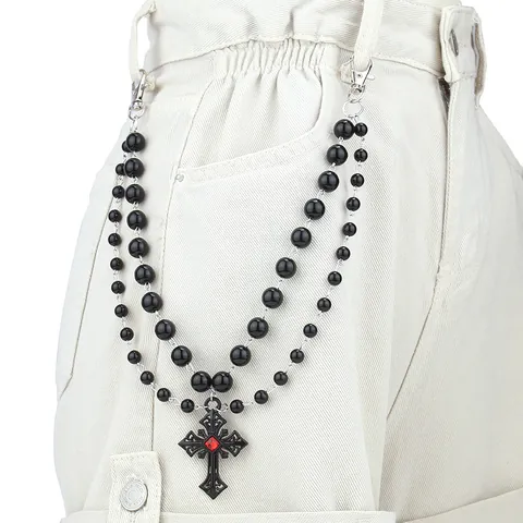 Gothic Dark Double Layered Black Bead Pant Chain Alloy Cross Pendant With Red Gem Punk Waist Chain Hip Hop Jewelry Accessory