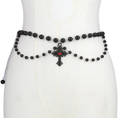 Gothic Dark Style Kruis Hanger Dubbellaagse Tailleketting Vintage Zwart Imitatie Parel Legering Lichaamsketting Sieraden Voor Vrouwen