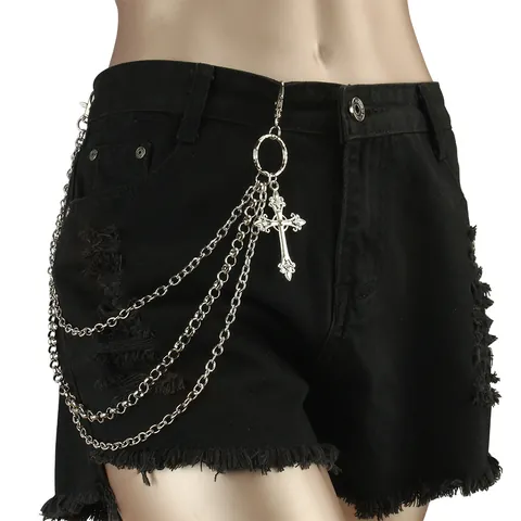 Punk Gothic Triple Layered Pants Chain Hip Hop Alloy Cross Pendant Waist Chain For Men Women Jeans Decoration Accessory