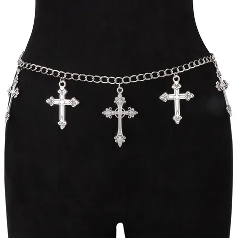 Gothic Vintage Zilveren Metalen Kruis Hanger Tailleketting Voor Dames Heren Verstelbaar Enkellaags Hip Hop Lichaamsketting
