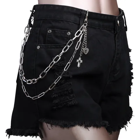 Punk Hip Hop Street Style Double Layer Alloy Metal Pants Chain With Cross And Heart Pendants For Men Women Waist Accessory