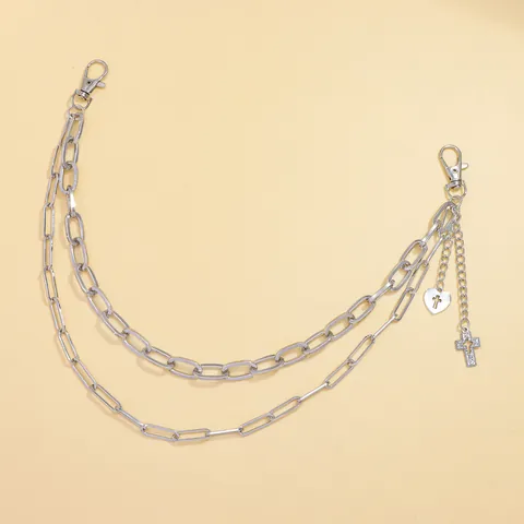 Punk Hip Hop Street Style Double Layer Alloy Metal Pants Chain With Cross And Heart Pendants For Men Women Waist Accessory