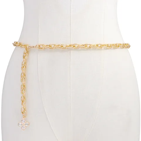 Elegant Metal Link Waist Chain Belt For Women Gold Silver Alloy Rhinestone Flower Heart Pearl Pendant Adjustable Dress Accessories