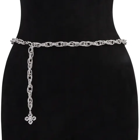Elegant Metal Link Waist Chain Belt For Women Gold Silver Alloy Rhinestone Flower Heart Pearl Pendant Adjustable Dress Accessories