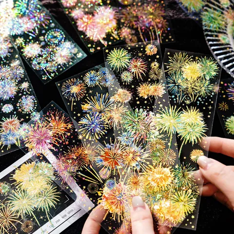 Fireworks Series PET Decorative Stickers Stereoscopic Laser Gold Shell Light For DIY Scrapbooking Journaling Art Supplies
