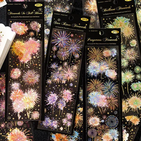Fireworks Series PET Decorative Stickers Stereoscopic Laser Gold Shell Light For DIY Scrapbooking Journaling Art Supplies