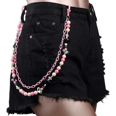 Cadena para Pantalones de Doble Capa con Cuentas de Color de Dopamina Y2K para Mujer Dije de Corazón Cruz Cadena de Cintura de Acrílico Plástico Accesorio de Joyería