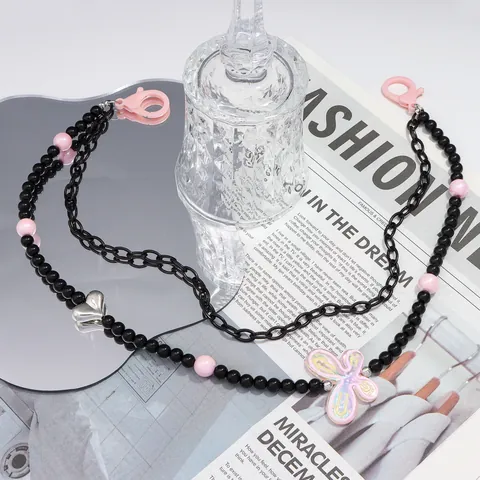 Sweet Cool Y2K Butterfly Beaded Waist Chain For Women Pink Black Heart Pendant Multi Layer Pants Chain Belt Fashion Jewelry