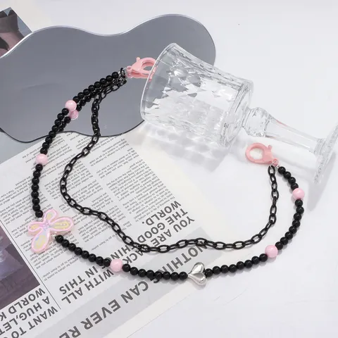 Sweet Cool Y2K Butterfly Beaded Waist Chain For Women Pink Black Heart Pendant Multi Layer Pants Chain Belt Fashion Jewelry