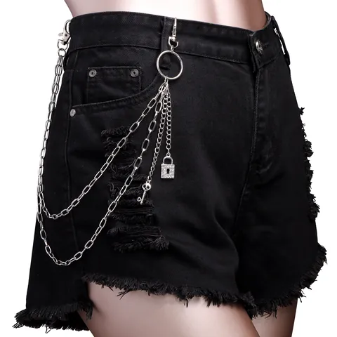 Hip Hop Punk Double Layer Silver Metal Pants Chain With Rhinestone Lock And Skull Key Pendant Streetwear Wallet Chain