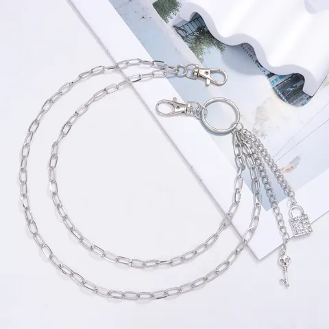 Hip Hop Punk Double Layer Silver Metal Pants Chain With Rhinestone Lock And Skull Key Pendant Streetwear Wallet Chain
