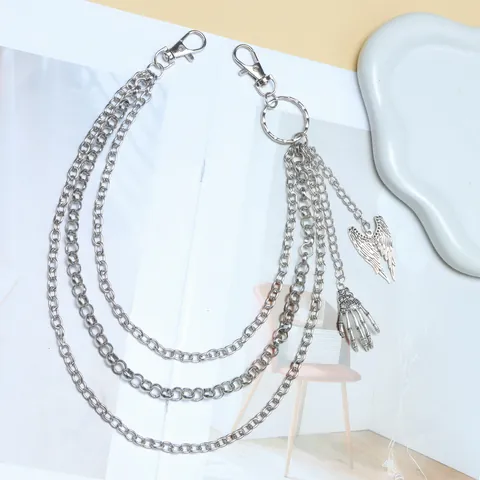 Chaîne de Pantalon en Métal Multicouche Punk Gothique Ailes d'Ange Main de Squelette Pendentif Halloween Hip Hop Chaîne de Taille Bijoux Argent