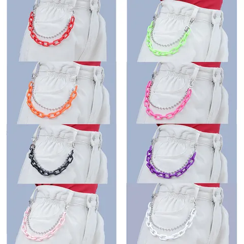 Women Y2K Double Layer Acrylic Link Pant Chain Neon Colorful Plastic Waist Chain With Metal Ball Chain Streetwear Punk Jewelry