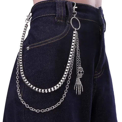 Catena per Pantaloni in Metallo a Doppio Strato Punk Gothic Con Pendente a Teschio e Mano di Scheletro Catena a Vita Argento per Halloween