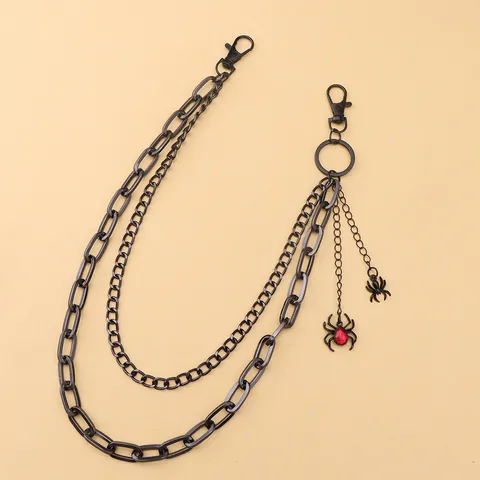 Gothic Punk Doppellagige Schwarze Metall Hosenkette Mit Spinne Anhänger Rotem Strass Hip Hop Streetwear Taille Accessoire