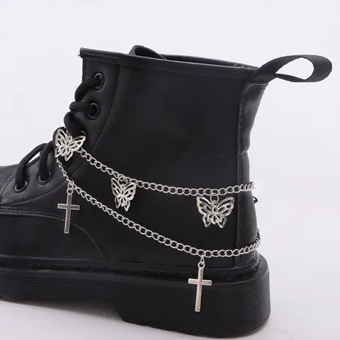 Fashion Silver Alloy Double Layer Boot Chain With Hollow Butterfly And Cross Pendants Punk Style Jewelry Accessory For Martin Boots
