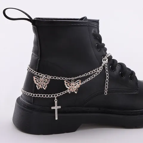 Fashion Silver Alloy Double Layer Boot Chain With Hollow Butterfly And Cross Pendants Punk Style Jewelry Accessory For Martin Boots